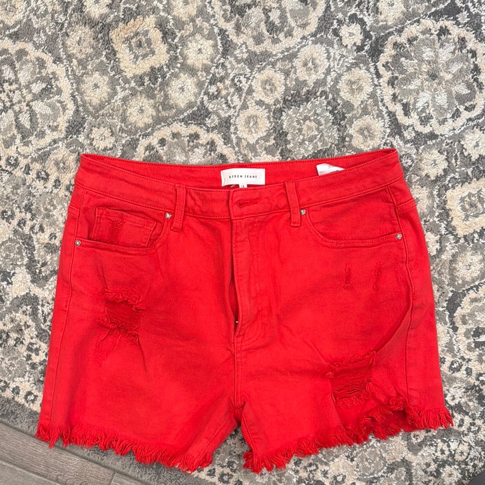 Risen Red Jean Shorts with Frayed Hem